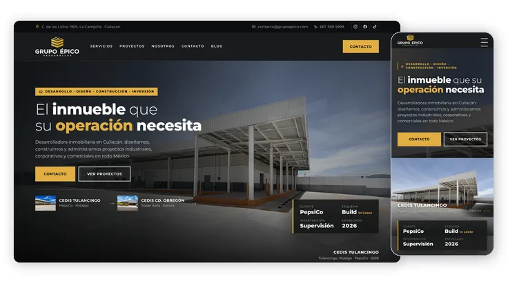 Sitio de Grupo Épico hecho por Ad Center, en computadora y celular